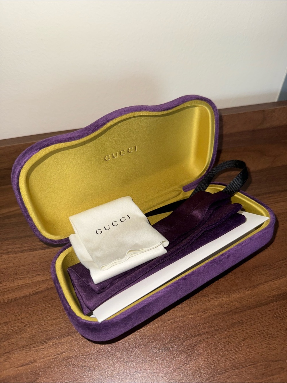 Brand New Gucci Purple Velvet Eyewear Case with Gold Interior and Dust Cloth